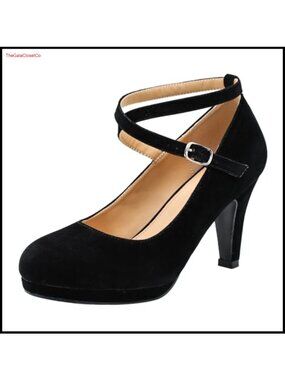 Platform Pumps Round Toe Cross Ankle Strap Dress Shoes Mary Jane Heels